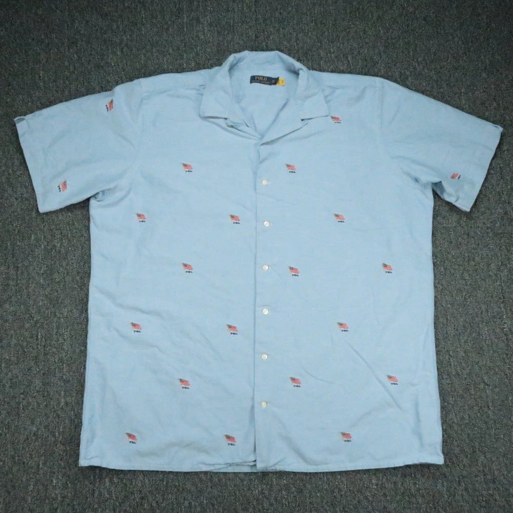 Polo Ralph Lauren Shirt Mens XXL Blue Chambray American Flag Oxford Camp 2XL
